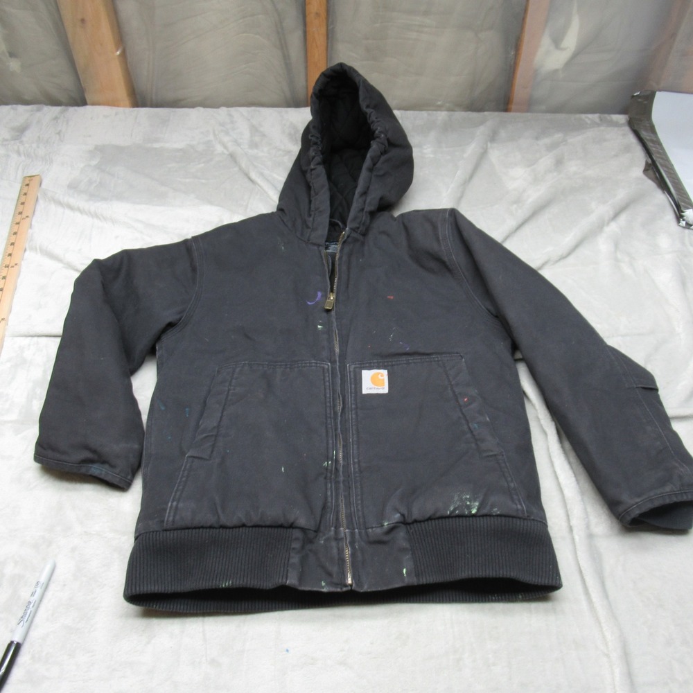 Carhartt Jacket Boys Medium Black Quilted Fleece Lined Hooded Full Zip OJ8545B